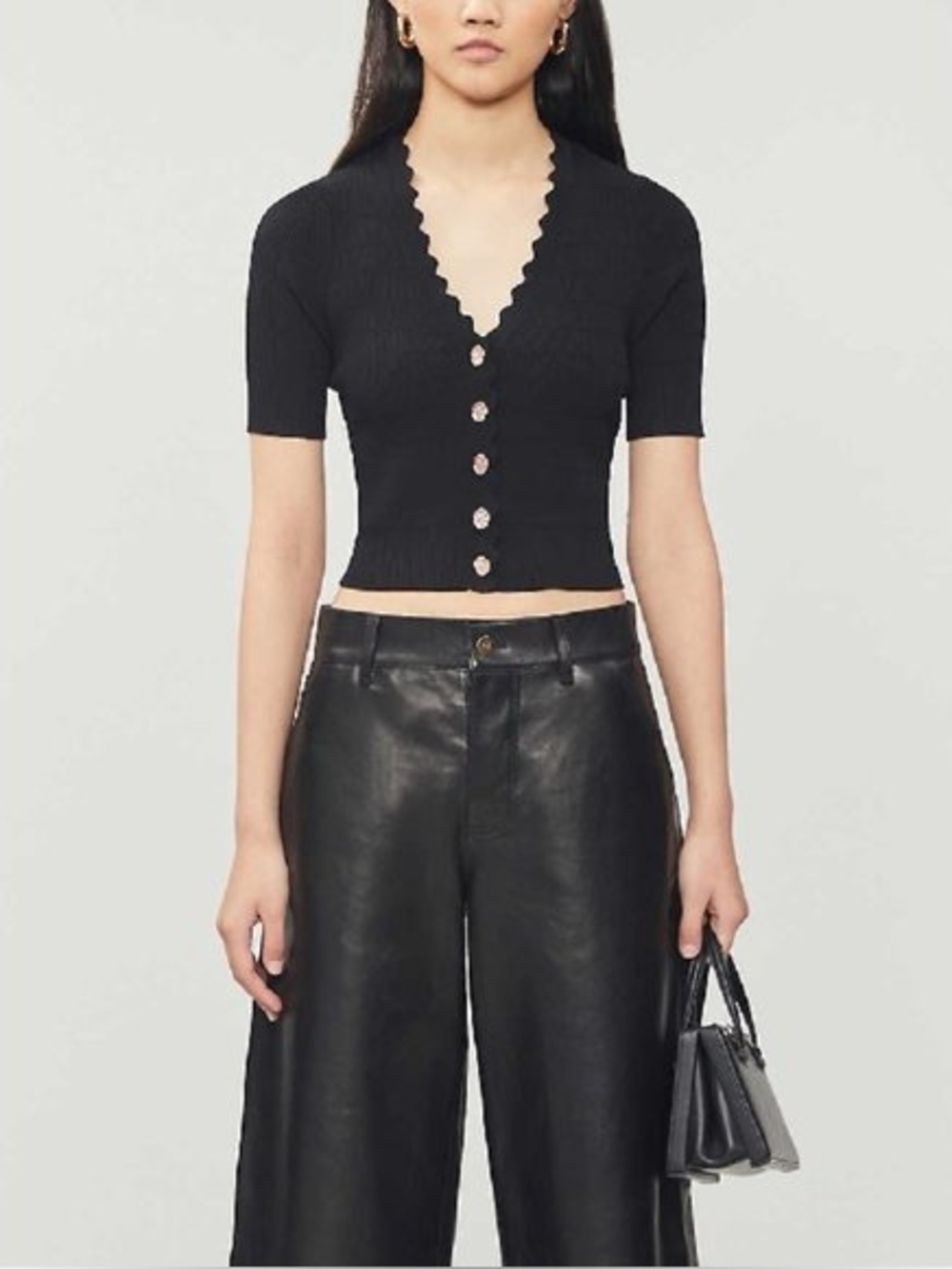 Sandro Black Scalloped-Edge Short Sleeve Cardigan with Gold Buttons